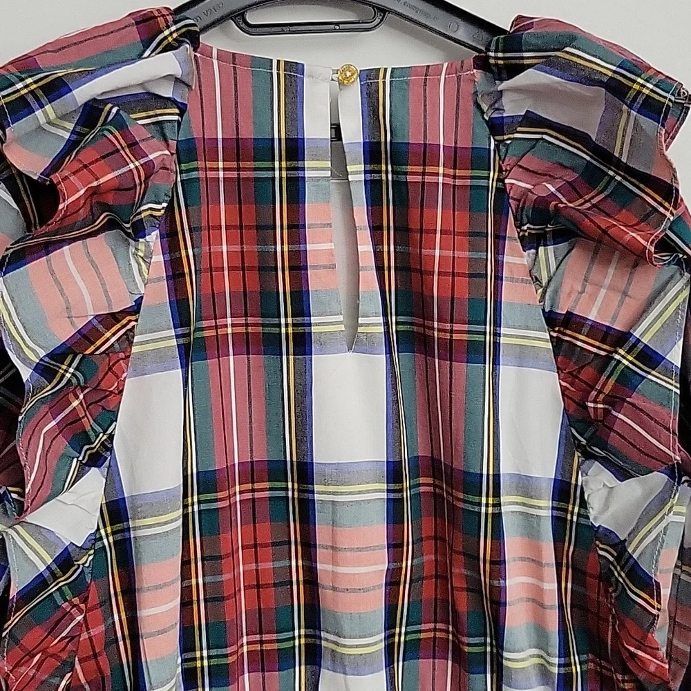 NWT J. Crew Girls Tartan Plaid Ruffle Shoulder Long Sleeve Dress Size 14